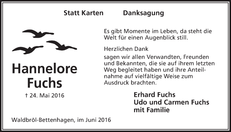  Traueranzeige für Hannelore Fuchs vom 29.06.2016 aus  Lokalanzeiger 