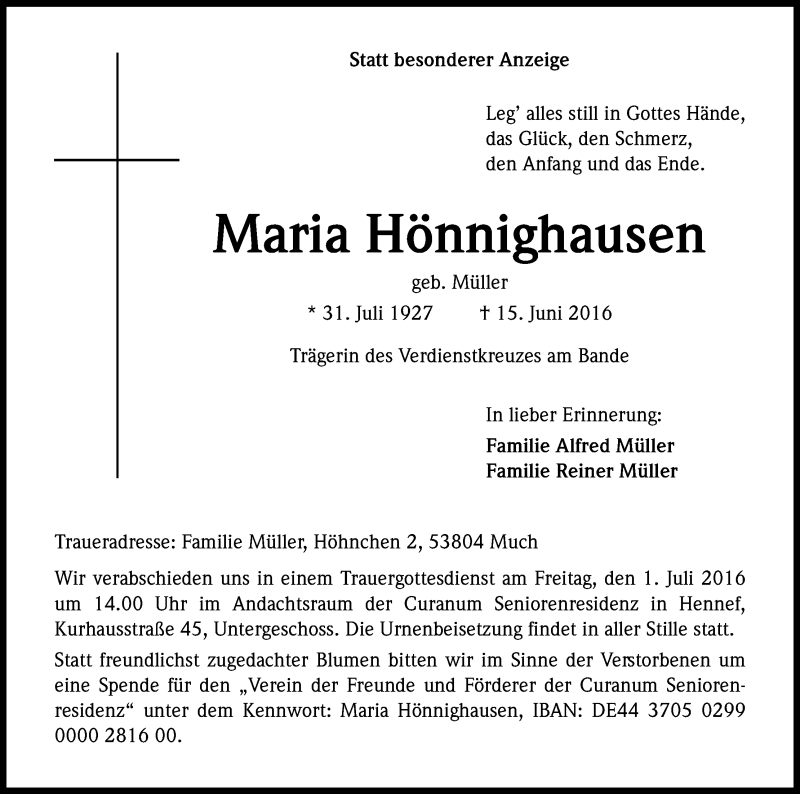  Traueranzeige für Maria Hönnighausen vom 25.06.2016 aus Kölner Stadt-Anzeiger / Kölnische Rundschau / Express