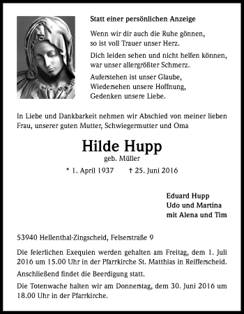 Anzeige von Hilde Hupp von Kölner Stadt-Anzeiger / Kölnische Rundschau / Express