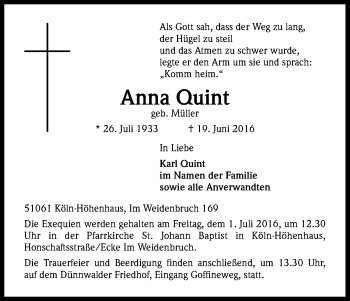 Anzeige von Anna Quint von Kölner Stadt-Anzeiger / Kölnische Rundschau / Express
