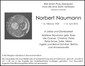 Anzeige von Norbert Naumann von Kölner Stadt-Anzeiger / Kölnische Rundschau / Express