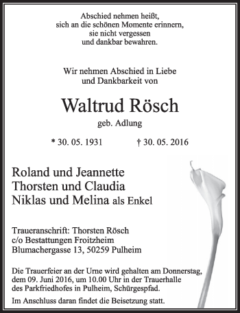 Anzeige von Waltrud Rösch von  Sonntags-Post 