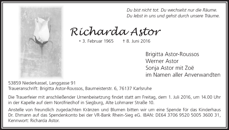  Traueranzeige für Richarda Astor vom 29.06.2016 aus  Extra Blatt 