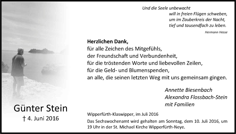  Traueranzeige für Günter Stein vom 01.07.2016 aus Kölner Stadt-Anzeiger / Kölnische Rundschau / Express