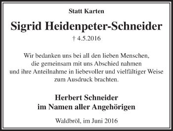 Anzeige von Sigrid Heidenpeter-Schneider von  Lokalanzeiger 