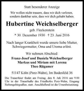 Anzeige von Hubertine Weichselberger von  Kölner Wochenspiegel 