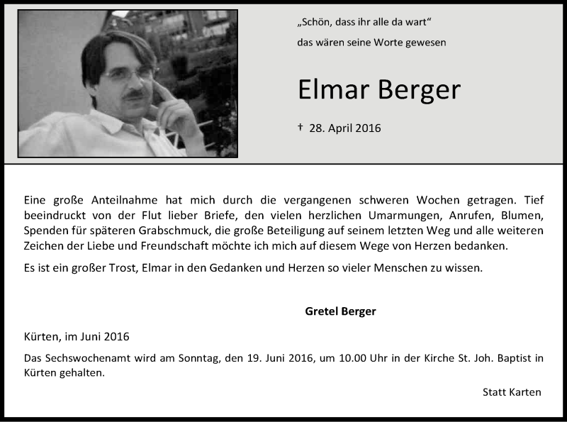  Traueranzeige für Elmar Berger vom 11.06.2016 aus Kölner Stadt-Anzeiger / Kölnische Rundschau / Express