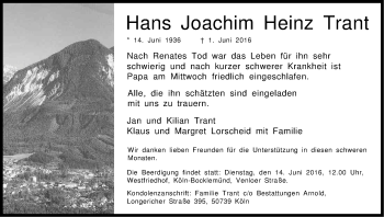 Anzeige von Hans Joachim Heinz Trant von Kölner Stadt-Anzeiger / Kölnische Rundschau / Express