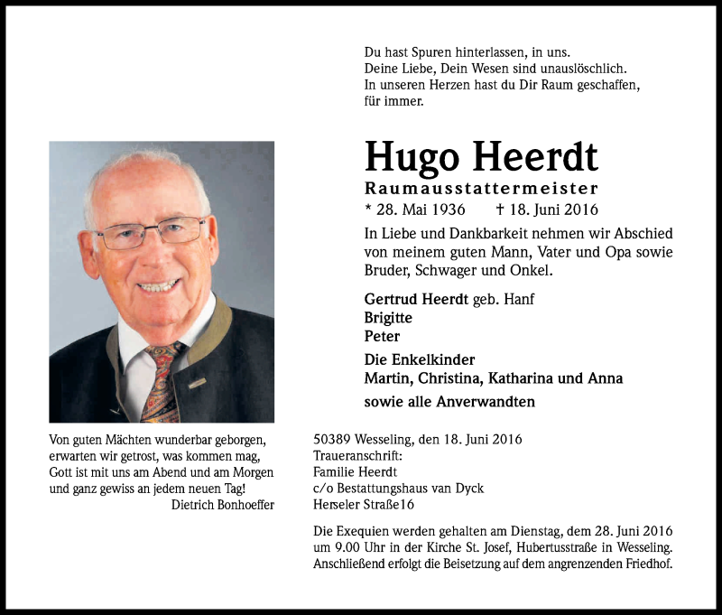  Traueranzeige für Hugo Heerdt vom 25.06.2016 aus Kölner Stadt-Anzeiger / Kölnische Rundschau / Express