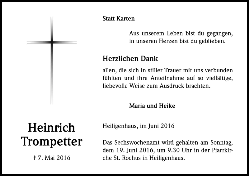  Traueranzeige für Heinrich Trompetter vom 11.06.2016 aus Kölner Stadt-Anzeiger / Kölnische Rundschau / Express