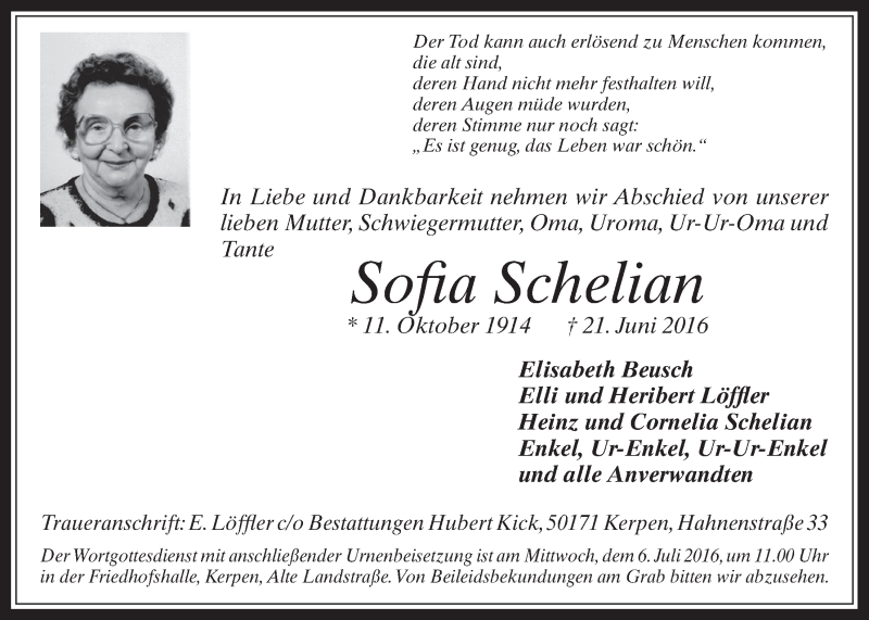  Traueranzeige für Sofia Schelian vom 29.06.2016 aus  Werbepost 