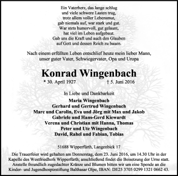 Anzeige von Konrad Wingenbach von Kölner Stadt-Anzeiger / Kölnische Rundschau / Express