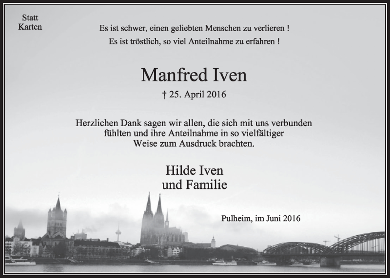  Traueranzeige für Manfred Iven vom 04.06.2016 aus  Sonntags-Post 