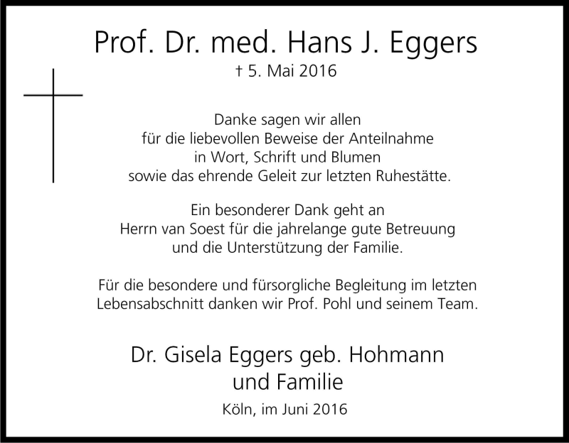  Traueranzeige für Hans J. Eggers vom 25.06.2016 aus Kölner Stadt-Anzeiger / Kölnische Rundschau / Express