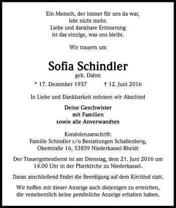Anzeige von Sofia Schindler von Kölner Stadt-Anzeiger / Kölnische Rundschau / Express