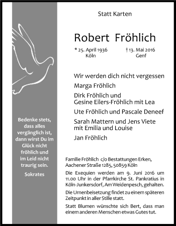 Anzeige von Robert Fröhlich von Kölner Stadt-Anzeiger / Kölnische Rundschau / Express