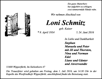 Anzeige von Loni Schmitz von Kölner Stadt-Anzeiger / Kölnische Rundschau / Express
