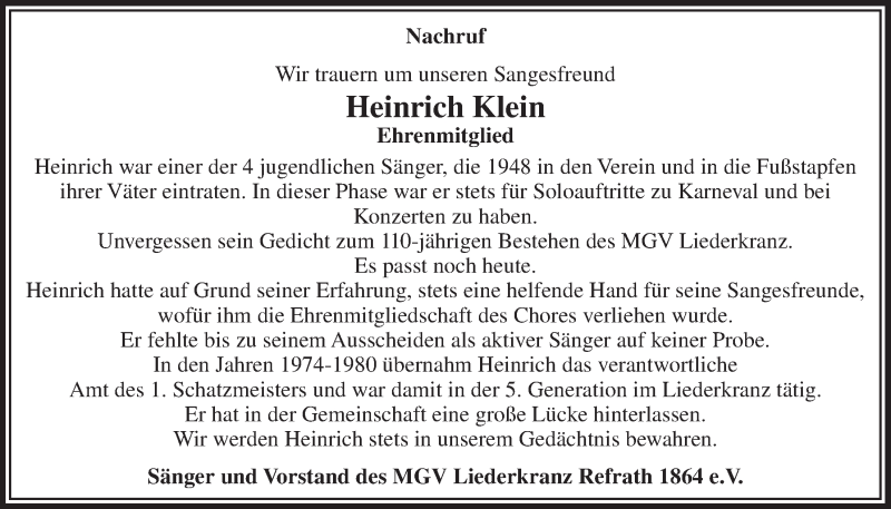  Traueranzeige für Heinrich Klein vom 08.06.2016 aus  Bergisches Handelsblatt 