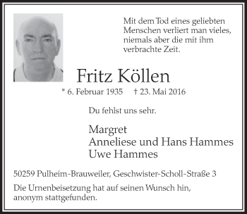 Anzeige von Fritz Köllen von  Sonntags-Post 