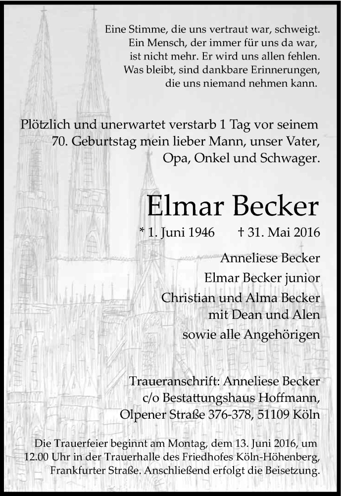  Traueranzeige für Elmar Becker vom 04.06.2016 aus Kölner Stadt-Anzeiger / Kölnische Rundschau / Express