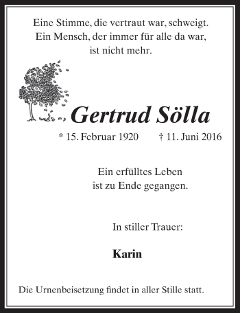 Anzeige von Gertrud Sölla von  Wochenende 