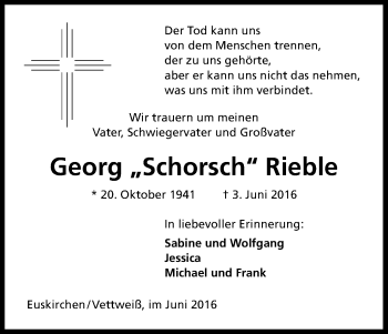 Anzeige von Georg Rieble von Kölner Stadt-Anzeiger / Kölnische Rundschau / Express