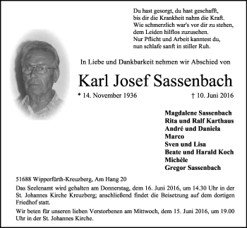 Anzeige von Karl Josef Sassenbach von Kölner Stadt-Anzeiger / Kölnische Rundschau / Express