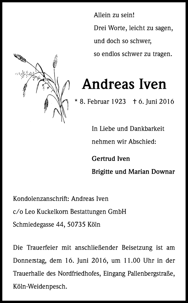 Traueranzeige für Andreas Iven vom 11.06.2016 aus Kölner Stadt-Anzeiger / Kölnische Rundschau / Express