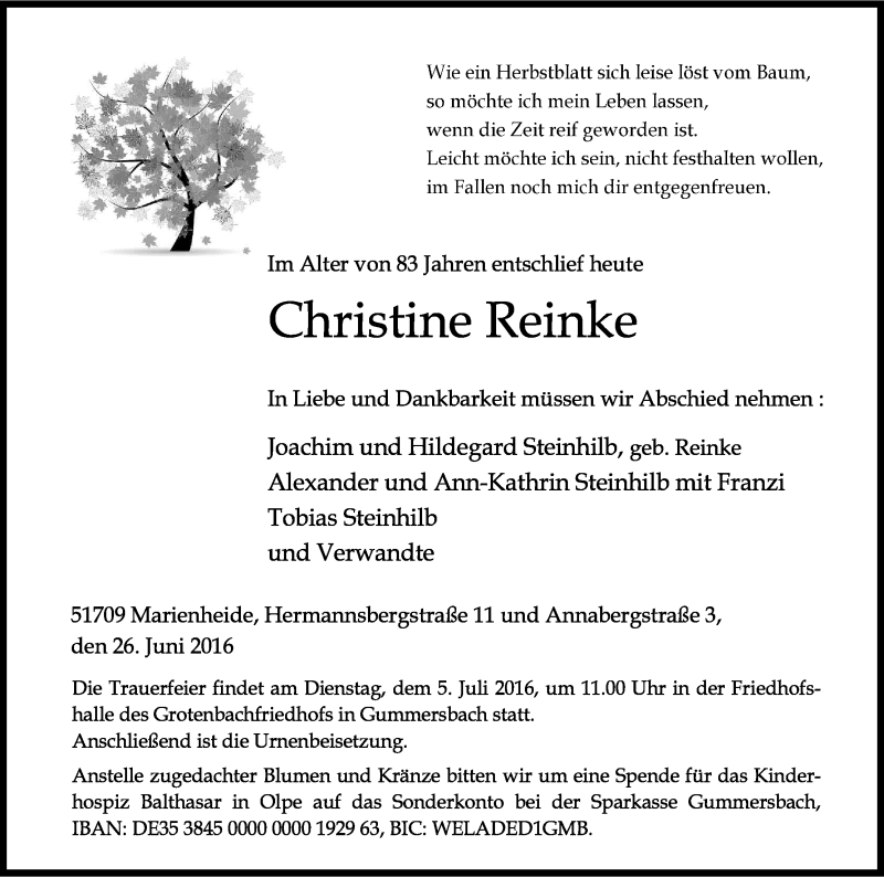  Traueranzeige für Christine Reinke vom 30.06.2016 aus Kölner Stadt-Anzeiger / Kölnische Rundschau / Express