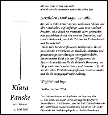 Anzeige von Klara Panske von Kölner Stadt-Anzeiger / Kölnische Rundschau / Express
