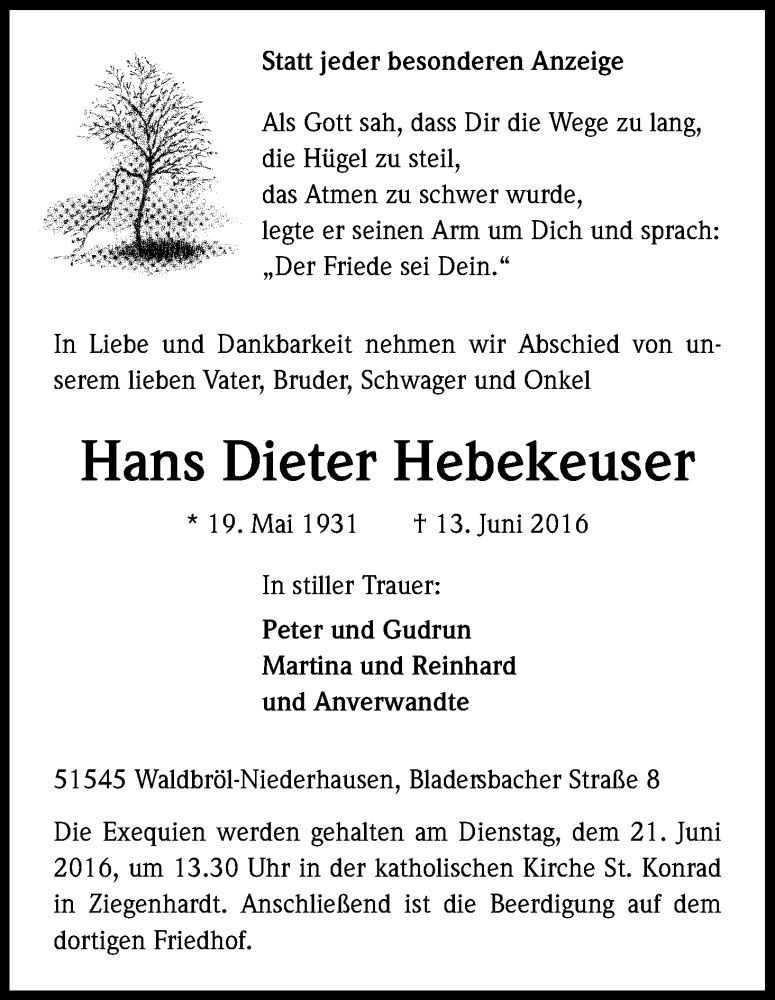  Traueranzeige für Hans Dieter Hebekeuser vom 18.06.2016 aus Kölner Stadt-Anzeiger / Kölnische Rundschau / Express