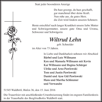 Anzeige von Wiltrud Lehn von  Lokalanzeiger 