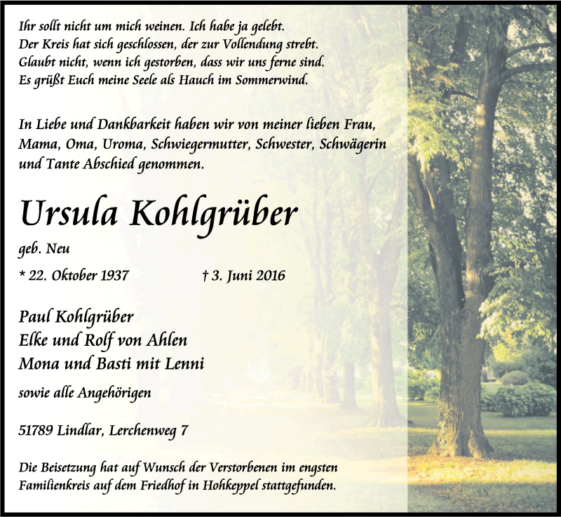  Traueranzeige für Ursula Kohlgrüber vom 11.06.2016 aus Kölner Stadt-Anzeiger / Kölnische Rundschau / Express