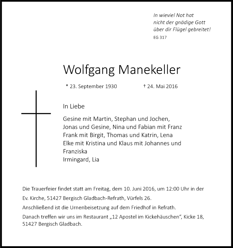  Traueranzeige für Wolfgang Manekeller vom 04.06.2016 aus Kölner Stadt-Anzeiger / Kölnische Rundschau / Express