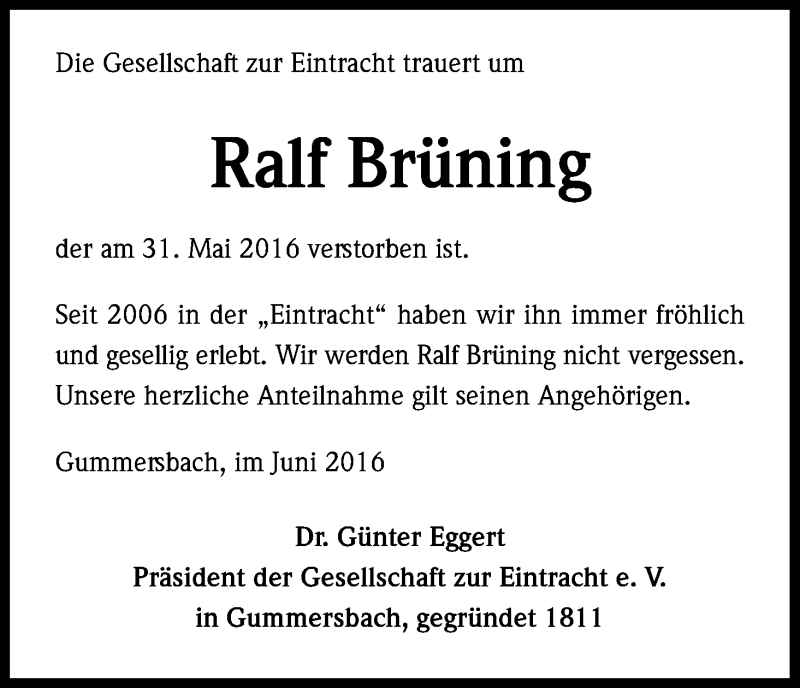  Traueranzeige für Ralf Brüning vom 11.06.2016 aus Kölner Stadt-Anzeiger / Kölnische Rundschau / Express