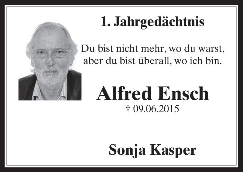  Traueranzeige für Alfred Ensch vom 08.06.2016 aus  Werbepost 