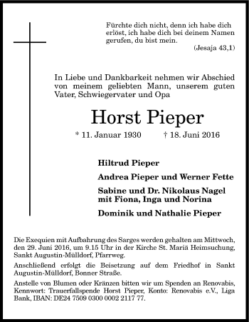 Anzeige von Horst Pieper von Kölner Stadt-Anzeiger / Kölnische Rundschau / Express