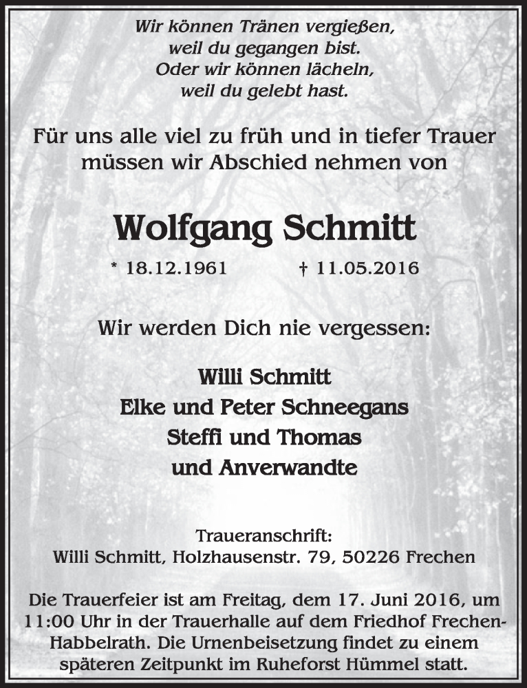  Traueranzeige für Wolfgang Schmitt vom 11.06.2016 aus  Sonntags-Post 