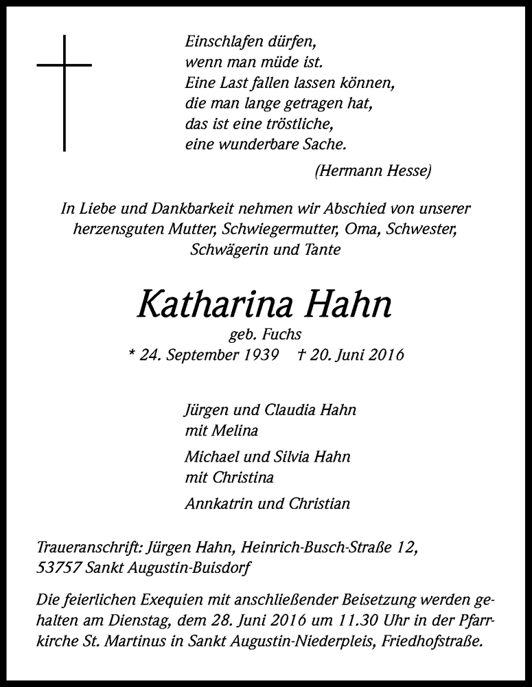  Traueranzeige für Katharina Hahn vom 25.06.2016 aus Kölner Stadt-Anzeiger / Kölnische Rundschau / Express