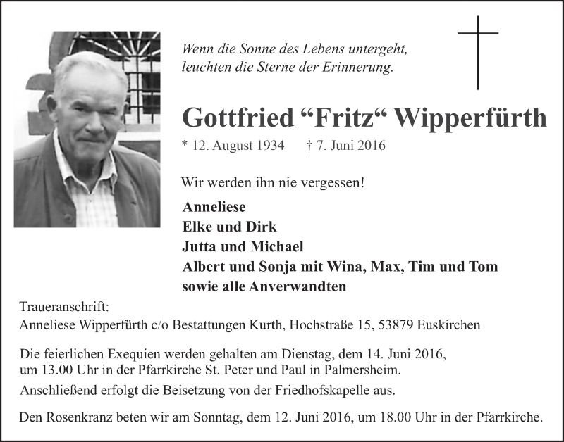  Traueranzeige für Gottfried Wipperfürth vom 11.06.2016 aus  Blickpunkt Euskirchen 