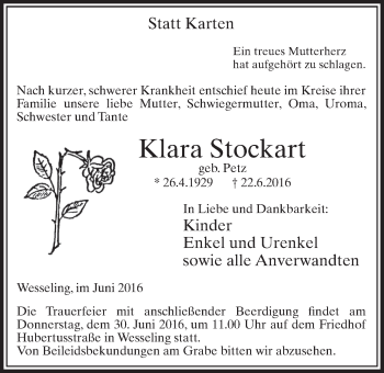 Anzeige von Klara Stockart von  Schlossbote/Werbekurier 