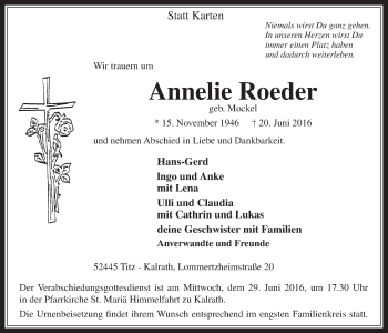 Anzeige von Annelie Roeder von  Sonntags-Post 