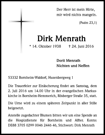 Anzeige von Dirk Menrath von Kölner Stadt-Anzeiger / Kölnische Rundschau / Express