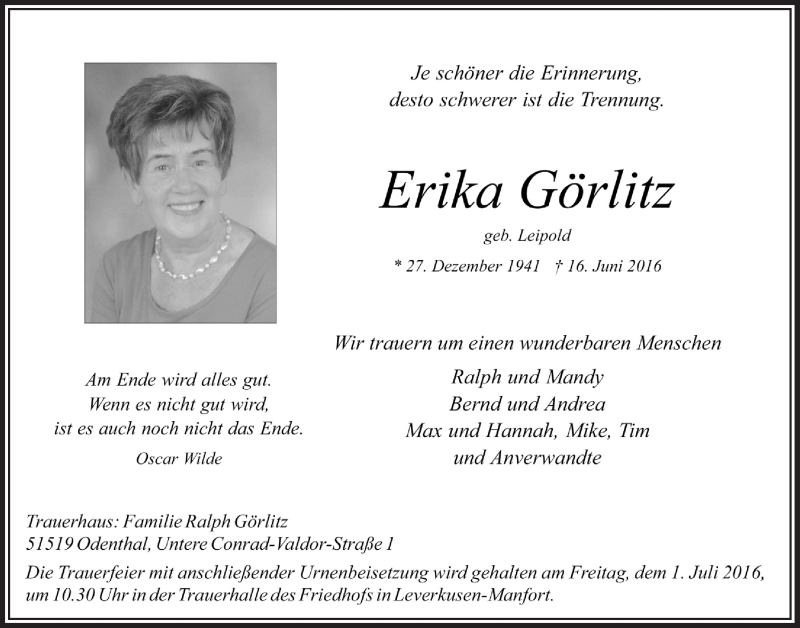  Traueranzeige für Erika Görlitz vom 29.06.2016 aus  Bergisches Handelsblatt 