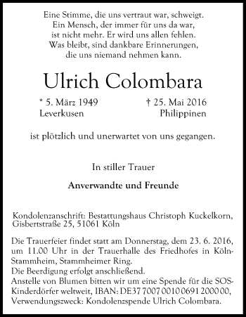 Anzeige von Ulrich Colombara von Kölner Stadt-Anzeiger / Kölnische Rundschau / Express