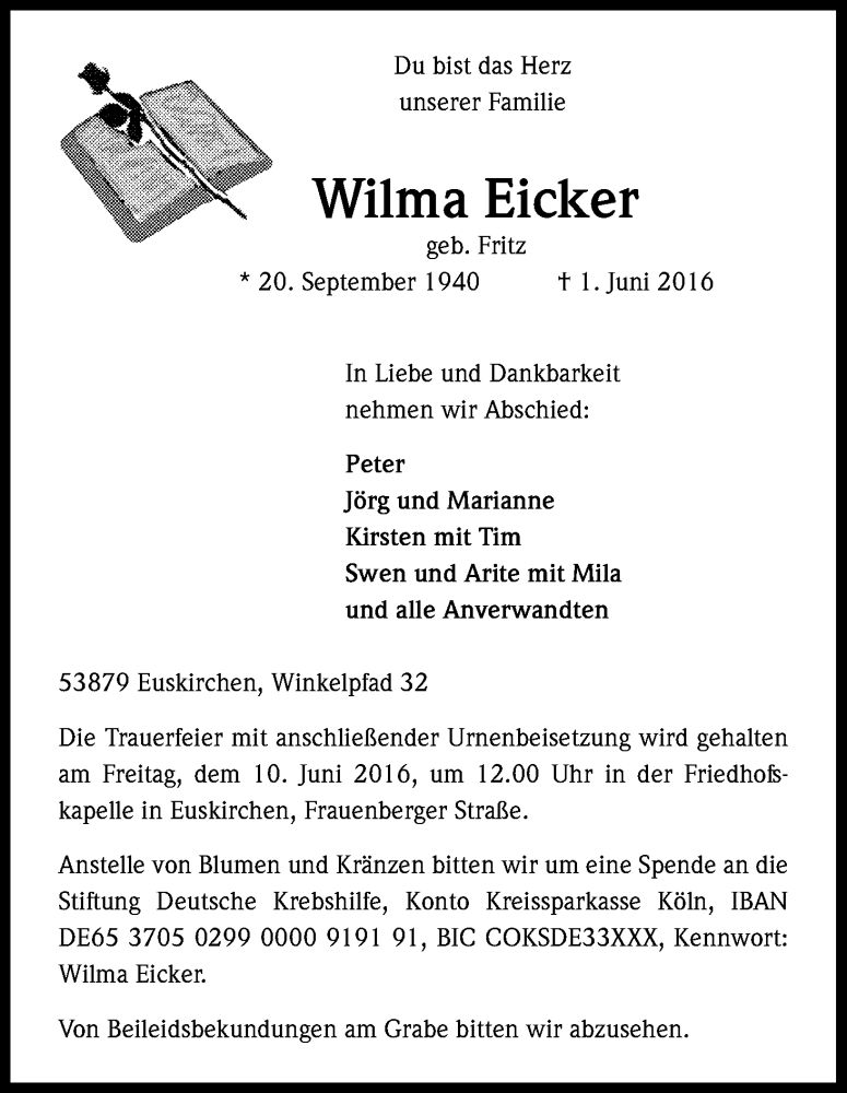  Traueranzeige für Wilma Eicker vom 04.06.2016 aus Kölner Stadt-Anzeiger / Kölnische Rundschau / Express
