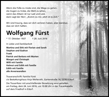Anzeige von Wolfgang Fürst von Kölner Stadt-Anzeiger / Kölnische Rundschau / Express