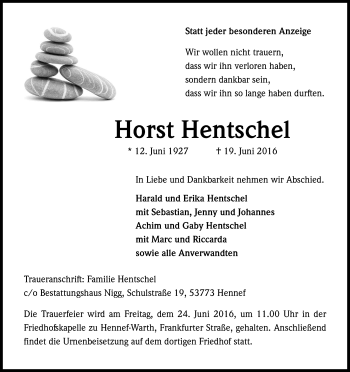 Anzeige von Horst Hentschel von Kölner Stadt-Anzeiger / Kölnische Rundschau / Express