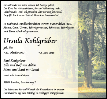 Anzeige von Ursula Kohlgrüber von Kölner Stadt-Anzeiger / Kölnische Rundschau / Express