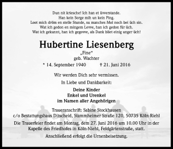 Anzeige von Hubertine Liesenberg von Kölner Stadt-Anzeiger / Kölnische Rundschau / Express